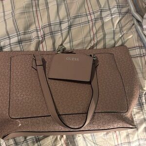 GUESS Brown Embossed Tote Bag with Pouch